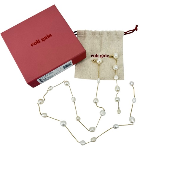 Cult Gaia Cleia Pearl Wrap Drop Earrings Gold Baroque Asymmetrical Long NWT - Picture 10 of 11